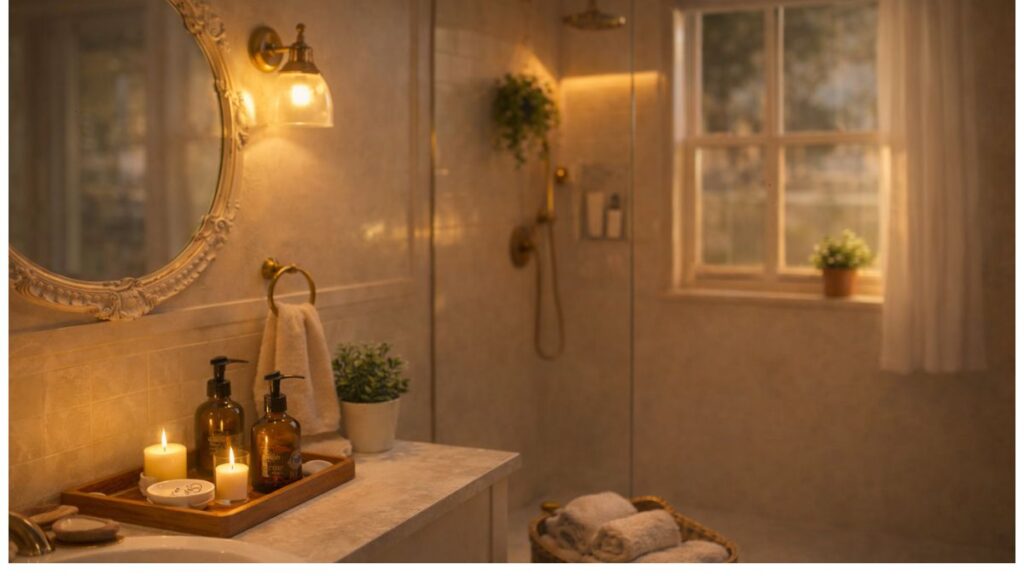 cozy small apartment bathroom with warm lighting wooden tray and woven basket aesthetic decor