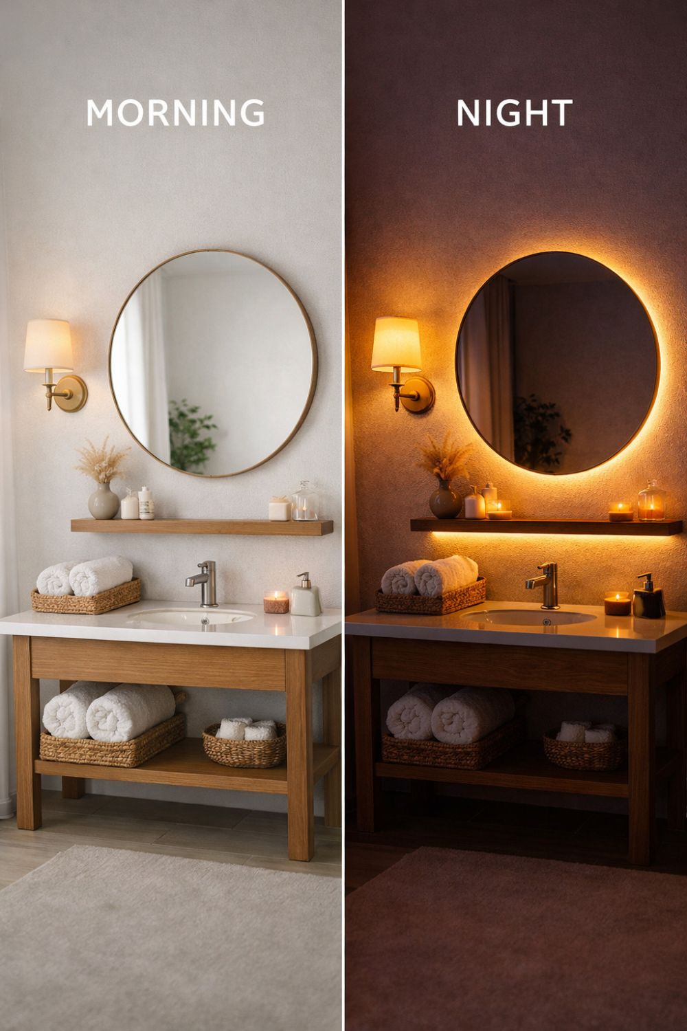 Split view of a small apartment bathroom showing morning natural light with soft neutral decor and nighttime warm lighting with glowing wall lamp and LED mirror for a cozy aesthetic