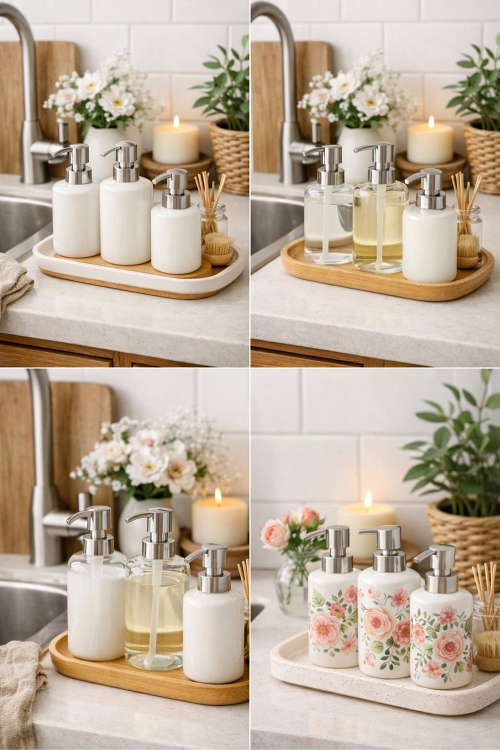 Collage of ceramic, glass, and floral bathroom dispensers on trays with greenery and decor, showing different aesthetic sink setups