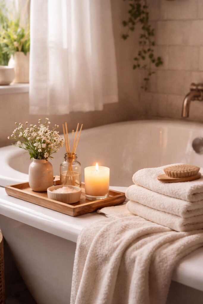 Cozy bathtub setup with wooden tray, candle, folded towels, and soft decor creating a calm and relaxing bathroom atmosphere
