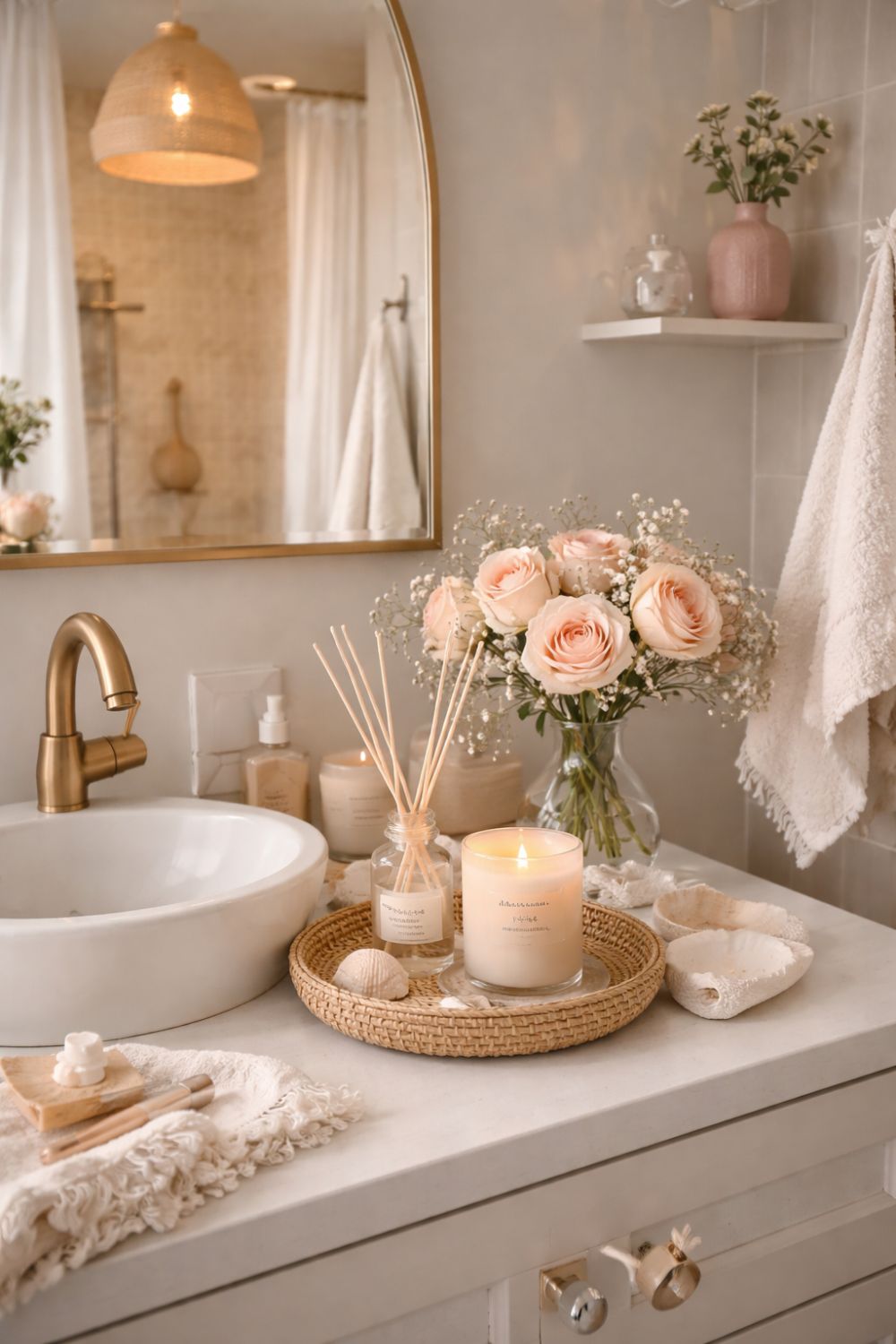 cozy small apartment bathroom with scented candle and reed diffuser, soft feminine decor, warm lighting, relaxing aesthetic space with flowers and minimal styling