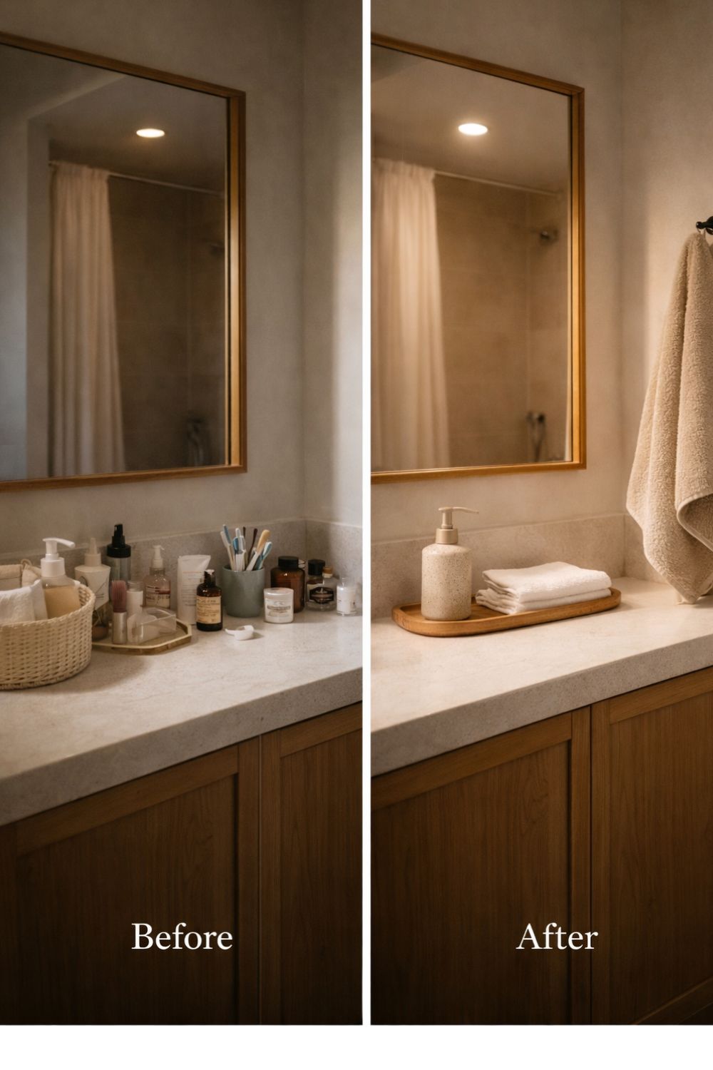 Minimal bathroom counter with fewer items creating a clean and peaceful small apartment space.