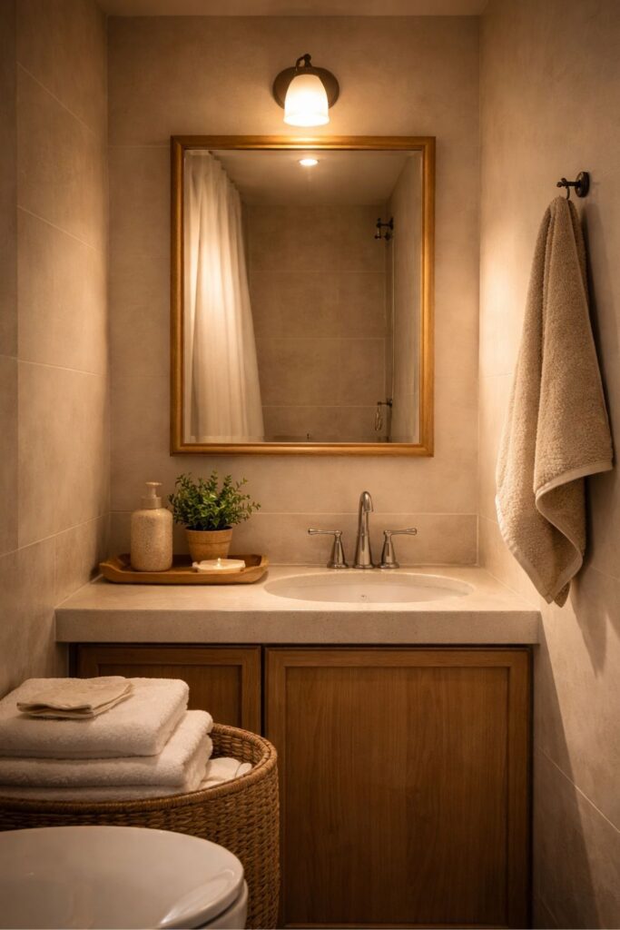 Mirror reflecting light in a small apartment bathroom to make the space feel brighter and more open.