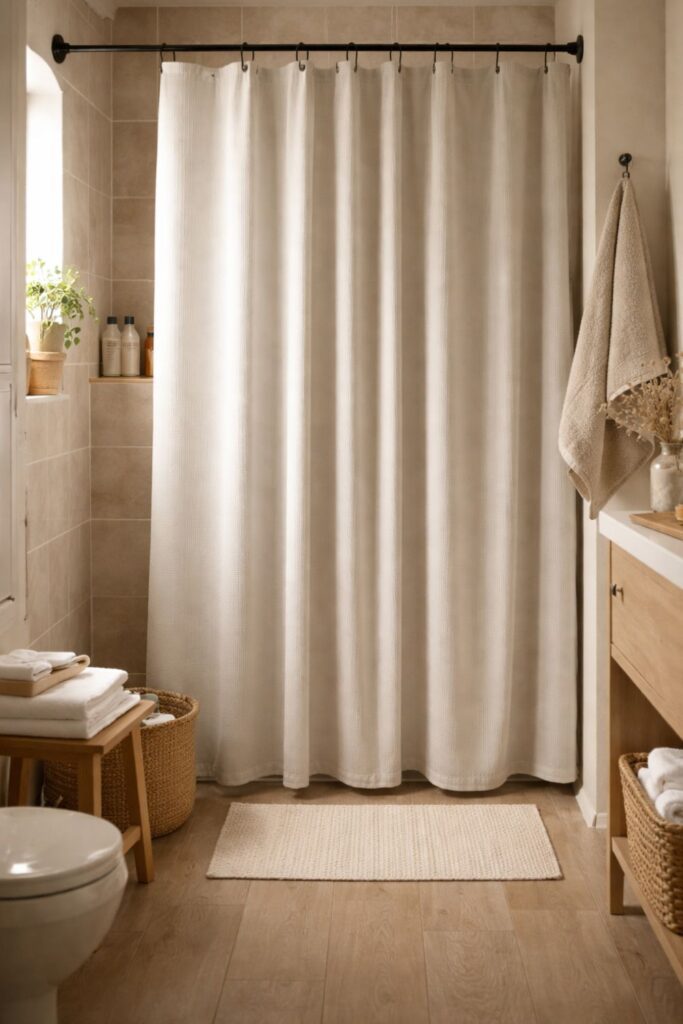Soft neutral shower curtain in a small apartment bathroom creating a clean, calm, and clutter-free look.