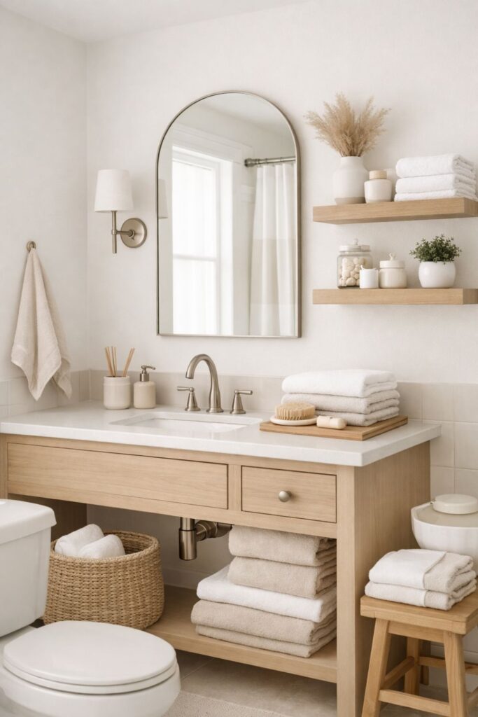 small bathroom with neutral color palette, beige and white decor, wooden vanity, minimal styling, cozy and clean aesthetic for small space