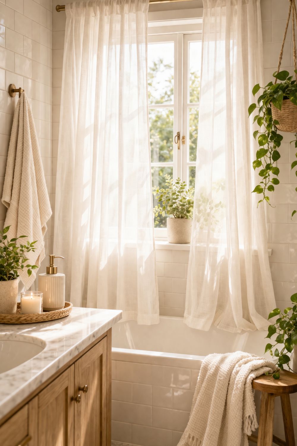 Bathroom window with sheer curtains filtering soft natural light, styled with greenery for a calm and airy aesthetic