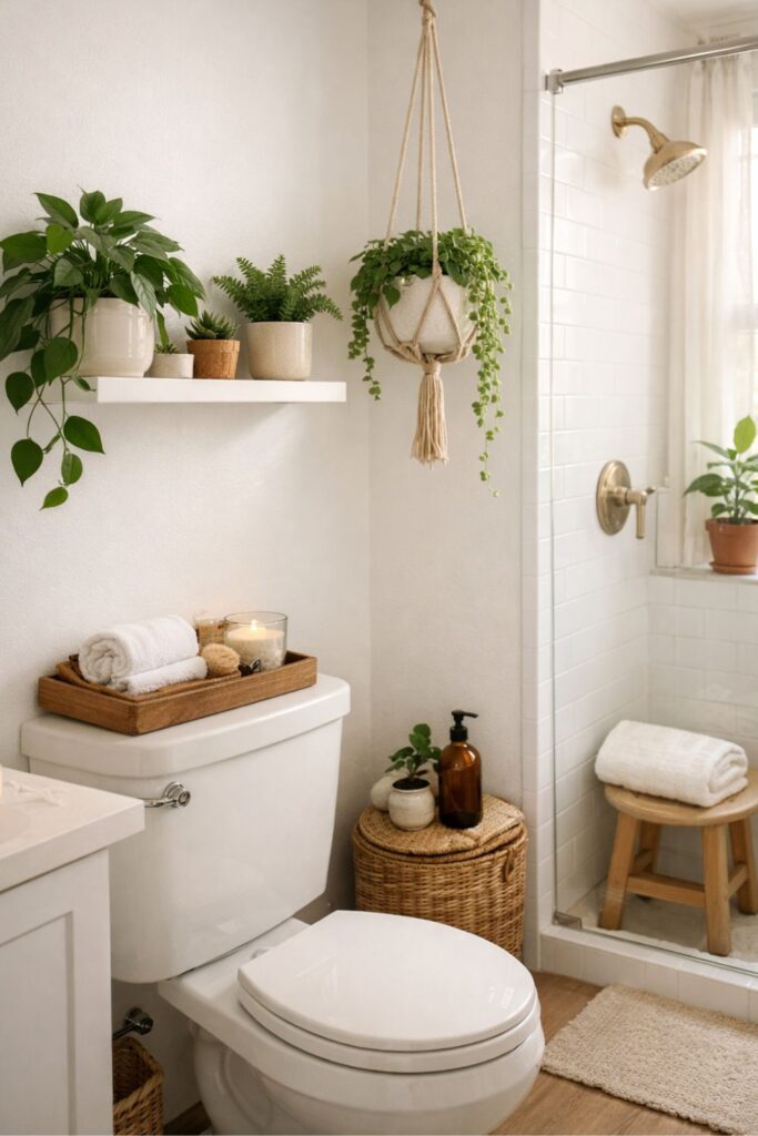 small apartment bathroom with floating shelf and hanging plants for a fresh cozy look