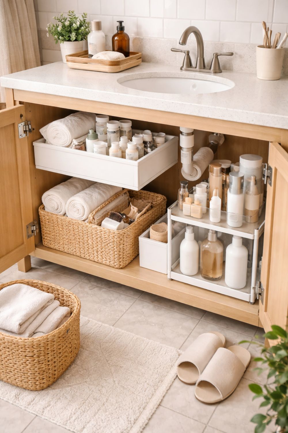 Organized under-sink bathroom storage with drawers, baskets, and hidden organizers creating a clean and clutter-free space