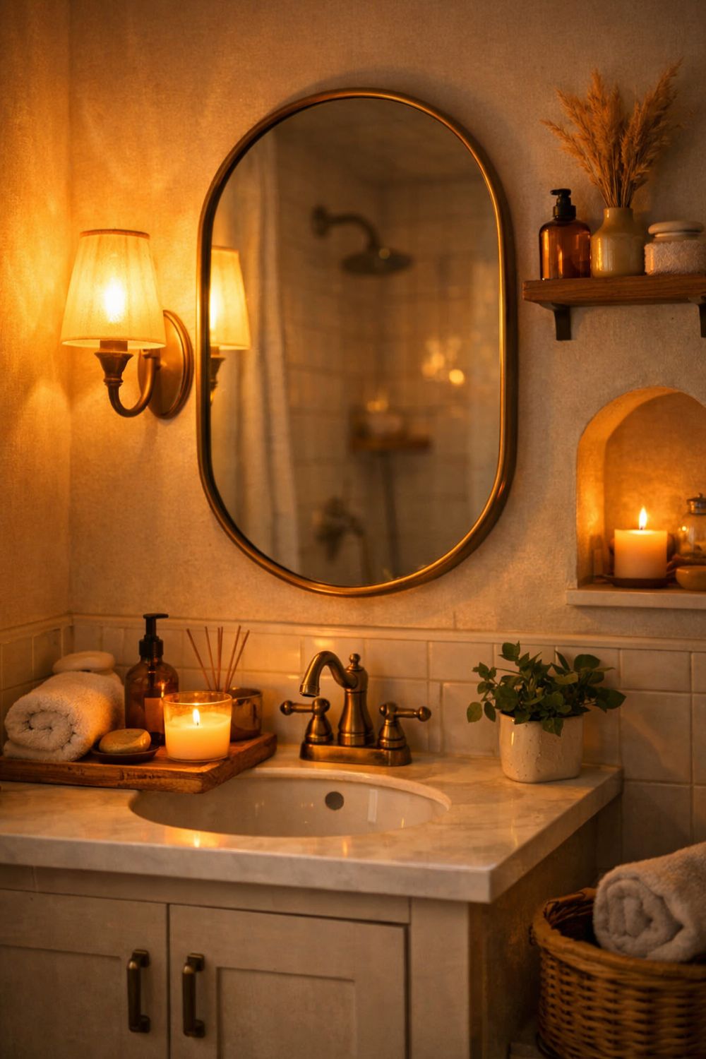 small apartment bathroom with warm lighting near the mirror creating a soft cozy atmosphere