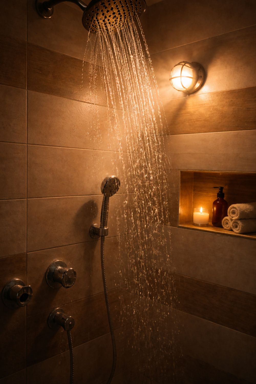 small apartment bathroom shower with warm light highlighting water droplets creating a cozy relaxing feel