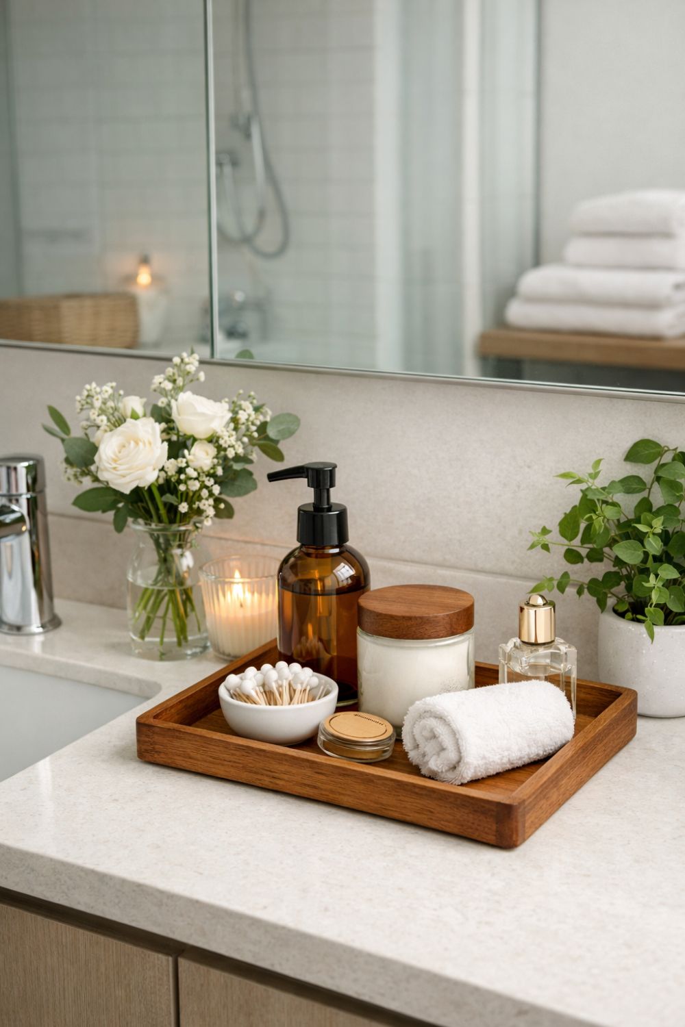 Wooden tray with bathroom essentials on a small apartment counter adding warmth and a cozy touch to the space.