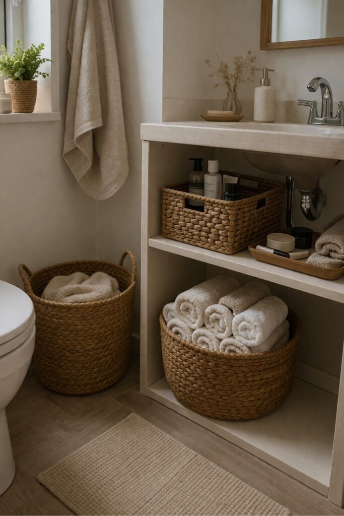 Woven baskets used for stylish bathroom storage in a small apartment with neatly folded towels and organized essentials.