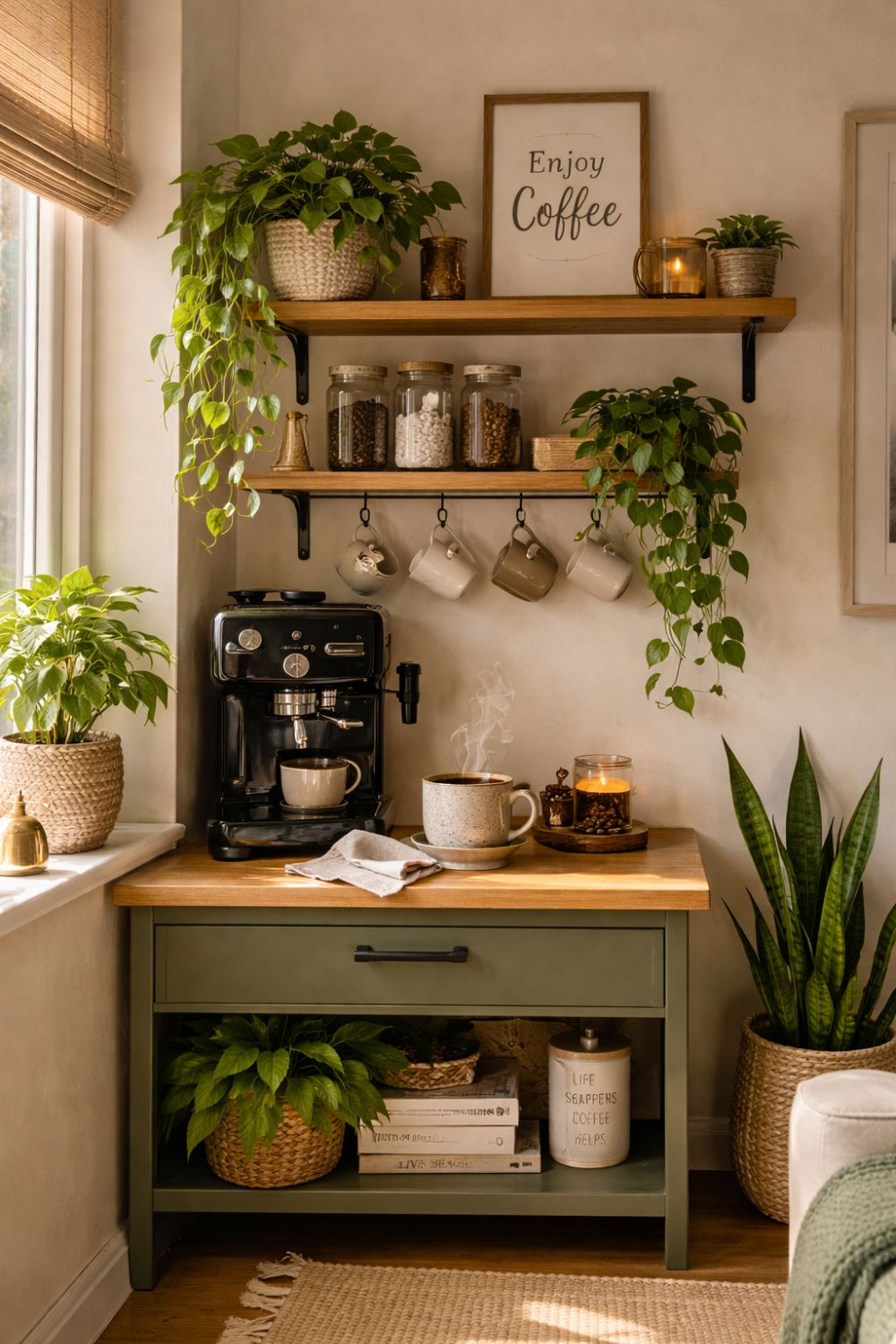 cozy greenery coffee corner with pothos and snake plant small apartment coffee bar natural sunlight aesthetic setup
