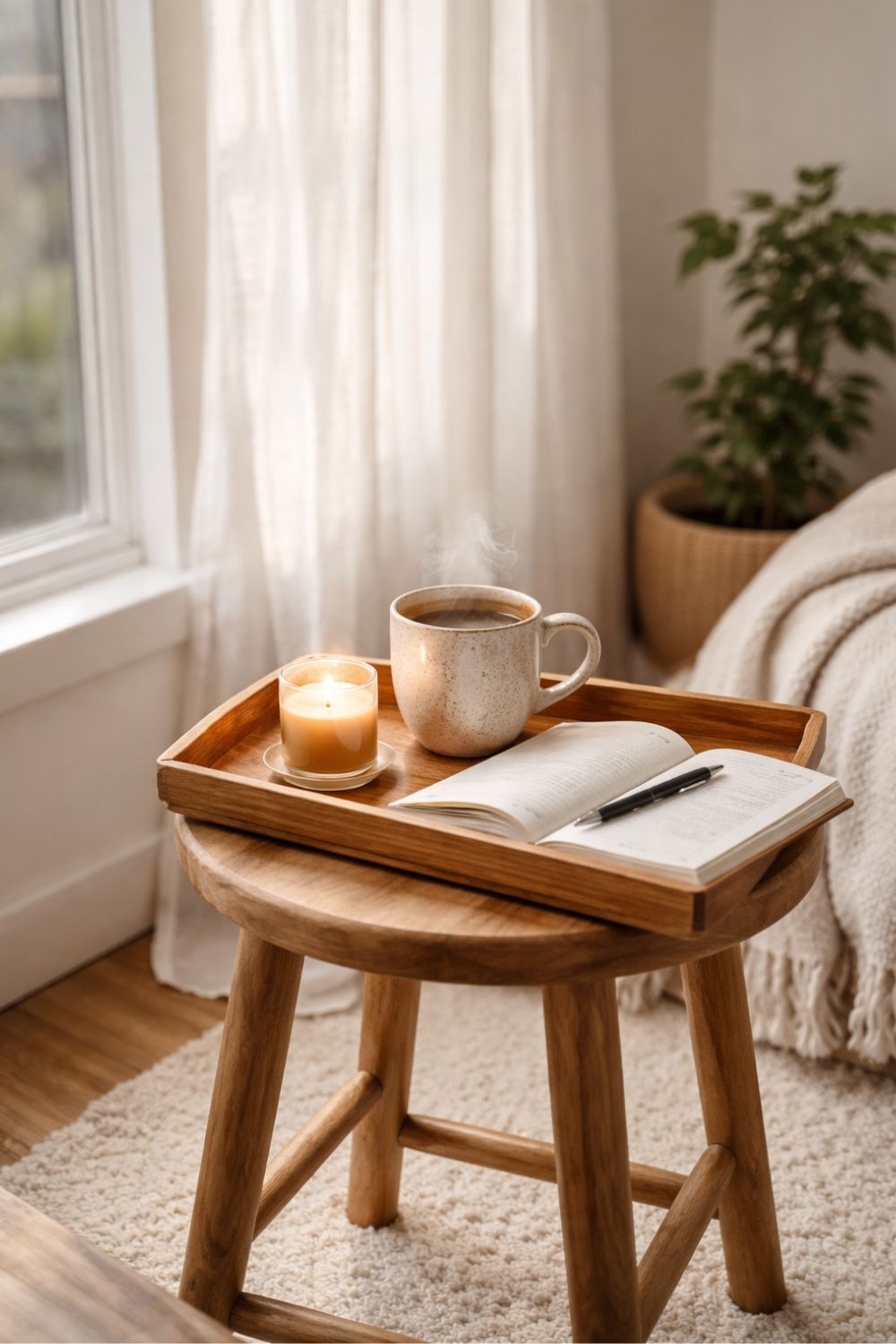 Cozy morning ritual setup in a small apartment with a wooden stool near a window, featuring a coffee mug, scented candle, and journal in warm natural light