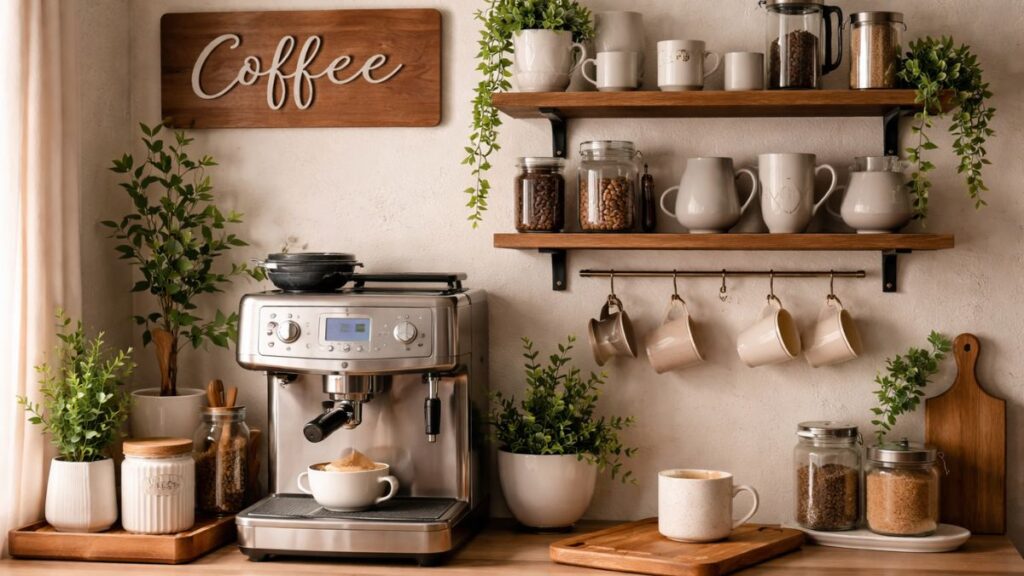 Cozy premium coffee corner setup in a small US apartment with espresso machine, ceramic containers, glass jars, aesthetic mugs, vertical wall shelf, indoor plants, and warm neutral decor