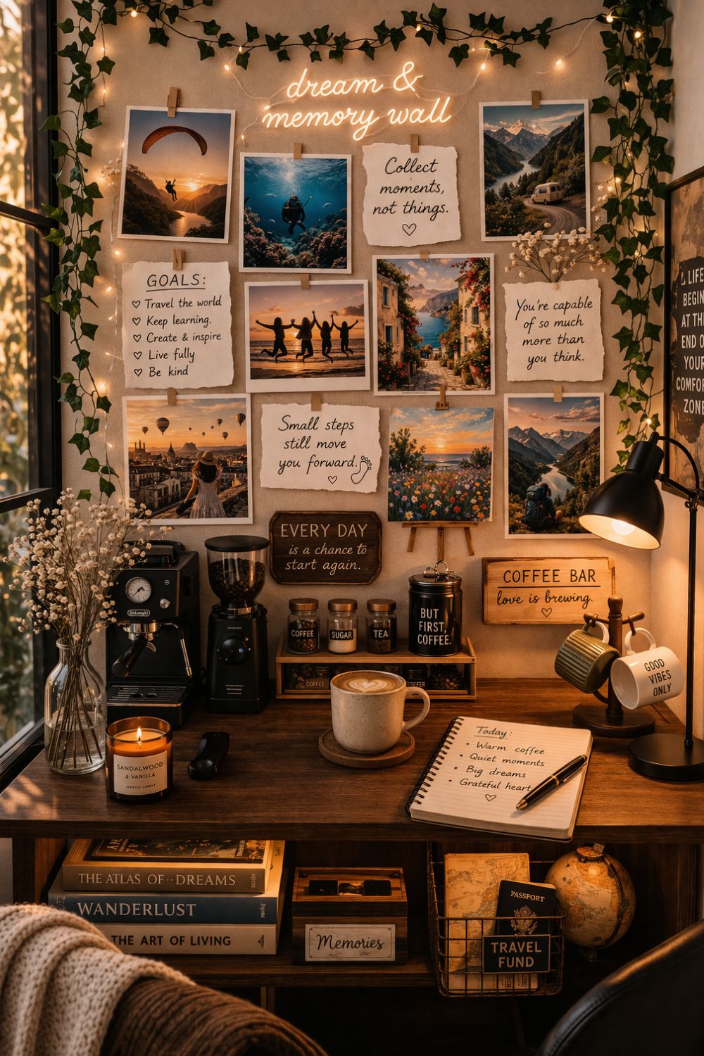 Cozy small apartment coffee bar with dream and memory wall featuring travel photos, goals, and aesthetic decor, warm lighting and minimal setup for a calm personal corner
