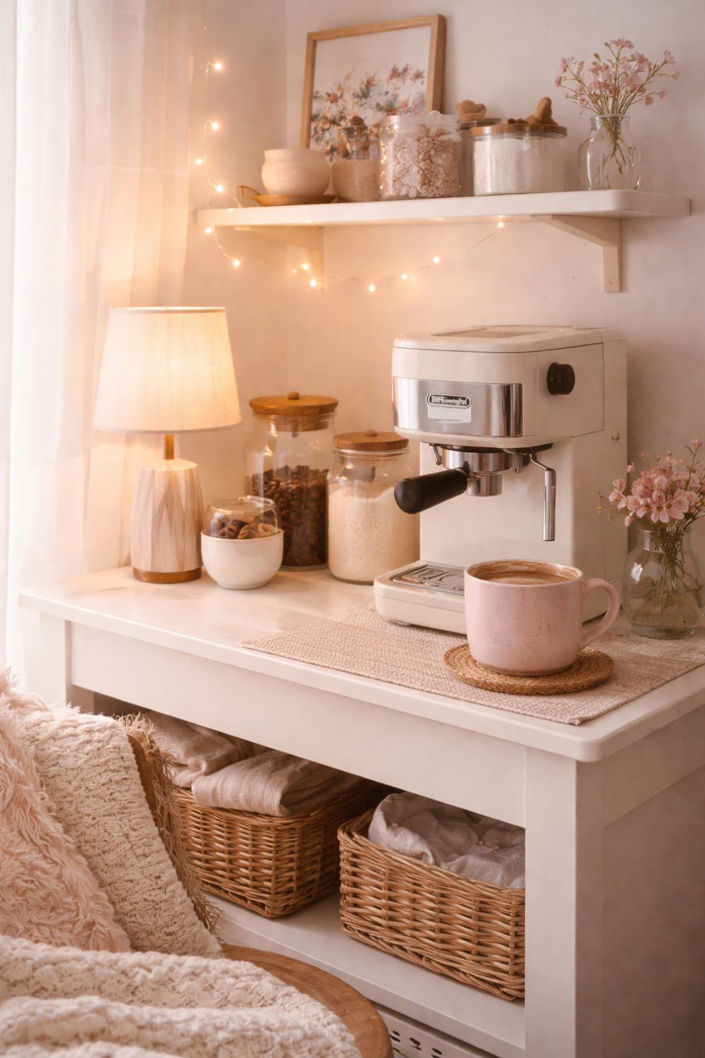 Feminine cozy coffee corner with soft pastel tones, espresso machine, pink mug, and glass jar with delicate pink flowers in a small apartment setup