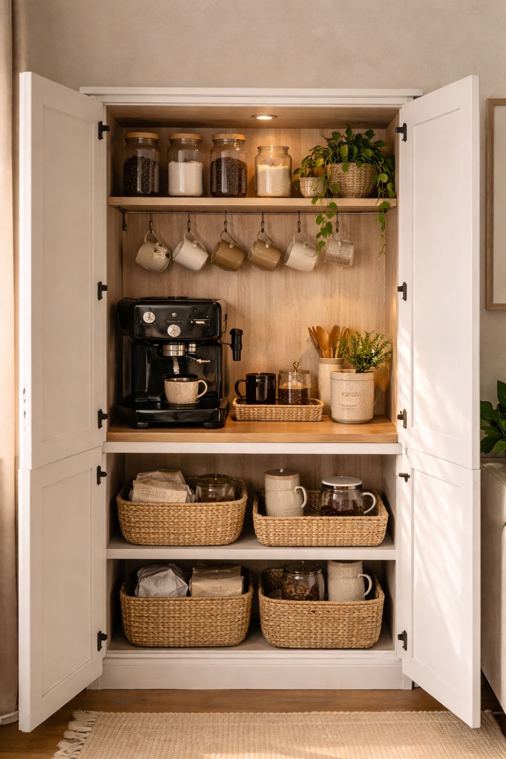 hidden cabinet coffee station small apartment coffee corner organized mugs jars coffee machine warm light minimal setup
