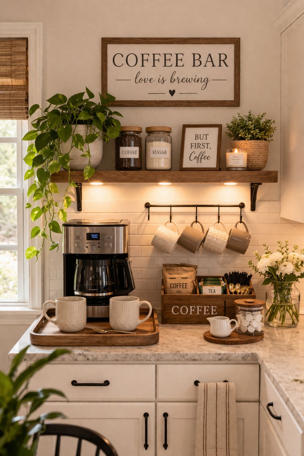 kitchen coffee bar setup small US kitchen cozy coffee station with mugs jars and machine warm light aesthetic