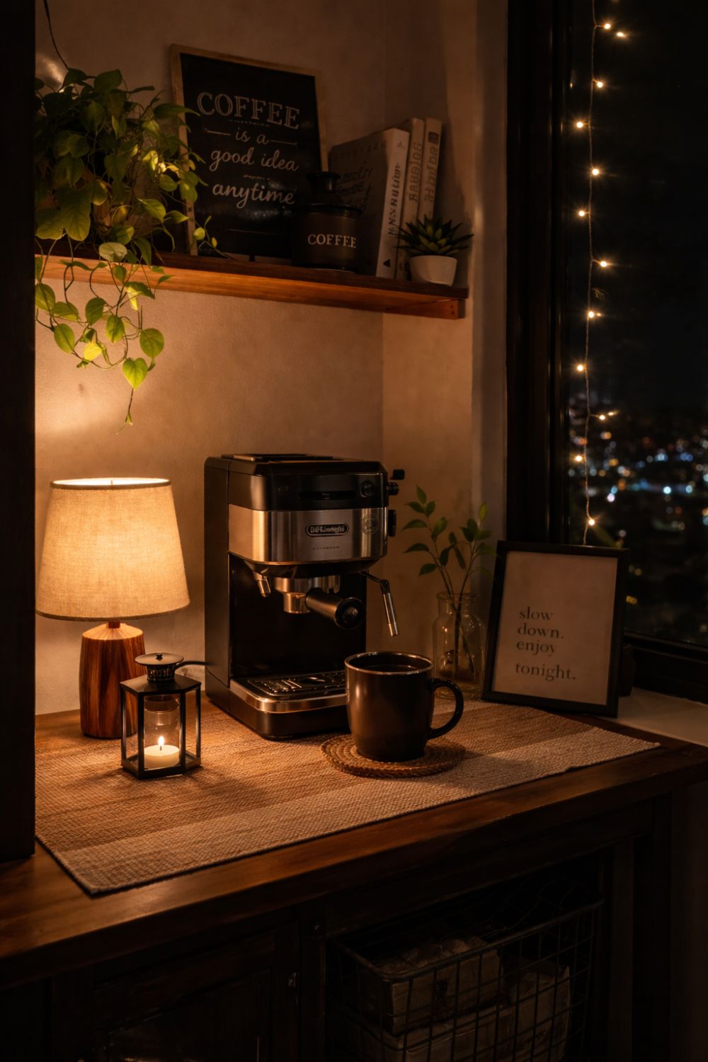 Cozy night coffee corner in a small apartment with warm lighting, espresso machine, wooden shelf decor, soft lamp glow, and a tealight lantern for a relaxing aesthetic setup