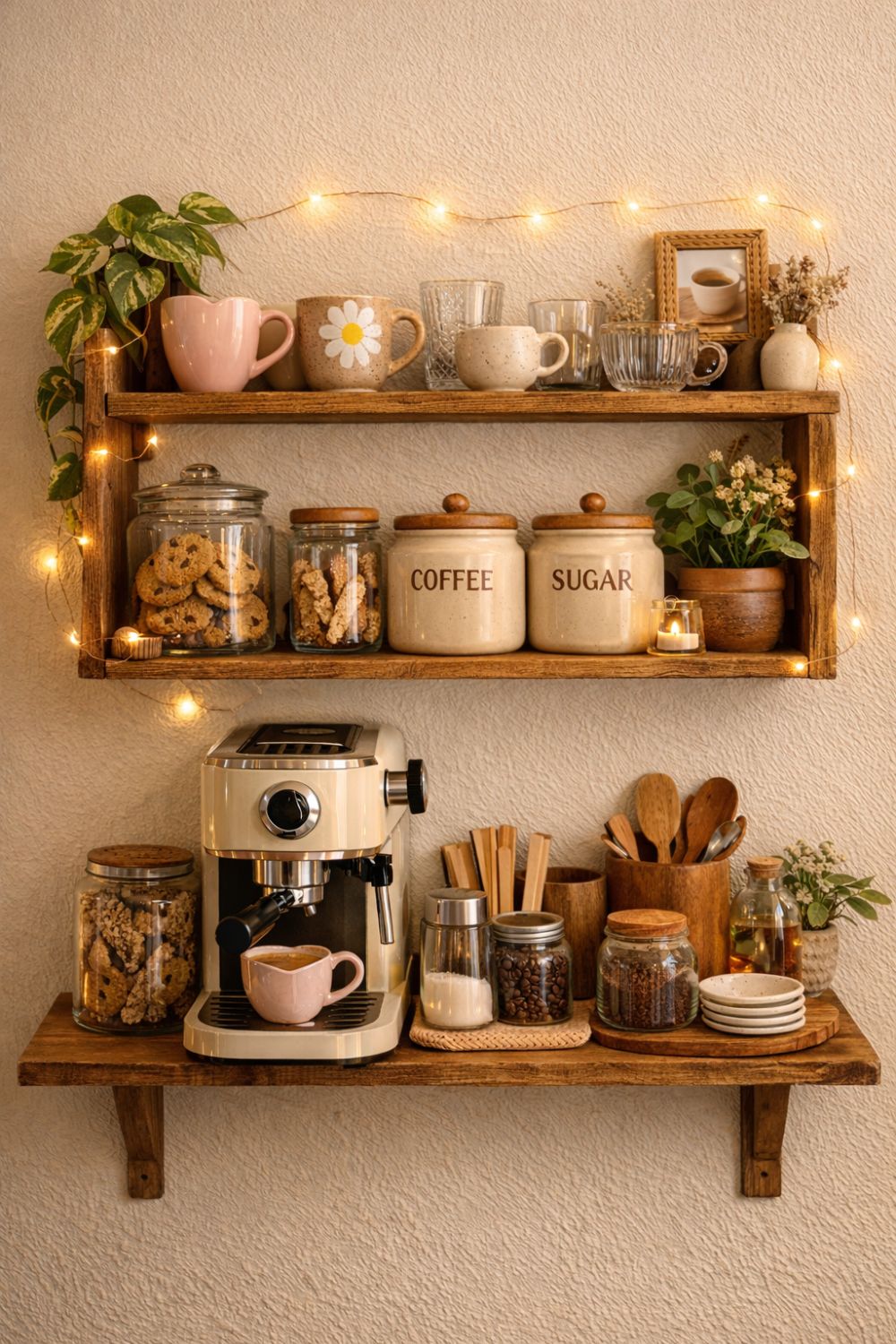Small wall shelf coffee bar setup with wooden shelf, aesthetic mugs, glass jars, ceramic coffee and sugar containers, compact coffee machine, plants and warm fairy lights in a cozy vintage apartment space