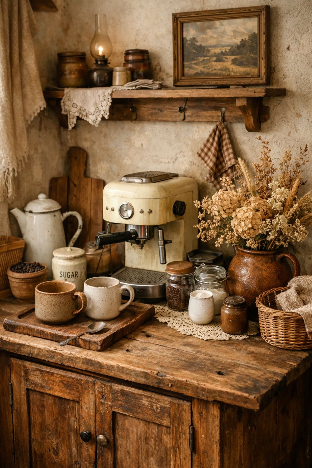Realistic vintage cottage style coffee corner with warm wooden table, espresso machine, ceramic mugs, glass jars, and dried flowers in a rustic vase creating a cozy natural setup