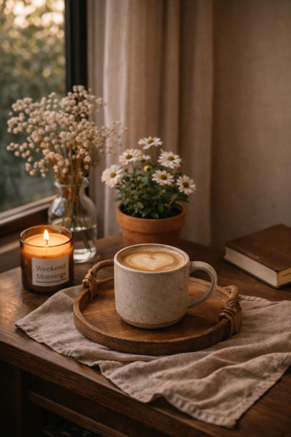 Cozy weekend coffee corner by window with warm lighting, wooden tray, candle, fresh flowers and aesthetic mug creating a calm relaxing small apartment setup
