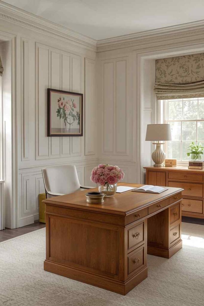 17 Beautiful Feminine Home Workspace Ideas for a Cozy & Productive Setup 15 Classic American feminine home office with warm wood desk, elegant decor, soft neutral tones, and cozy workspace styling