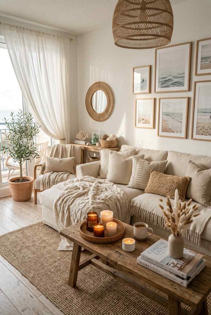Cozy coastal living room with a neutral sectional sofa, woven pendant light, rustic wooden coffee table, soft knit blankets, candles, beach wall art, and warm natural sunlight creating a relaxing modern coastal atmosphere.