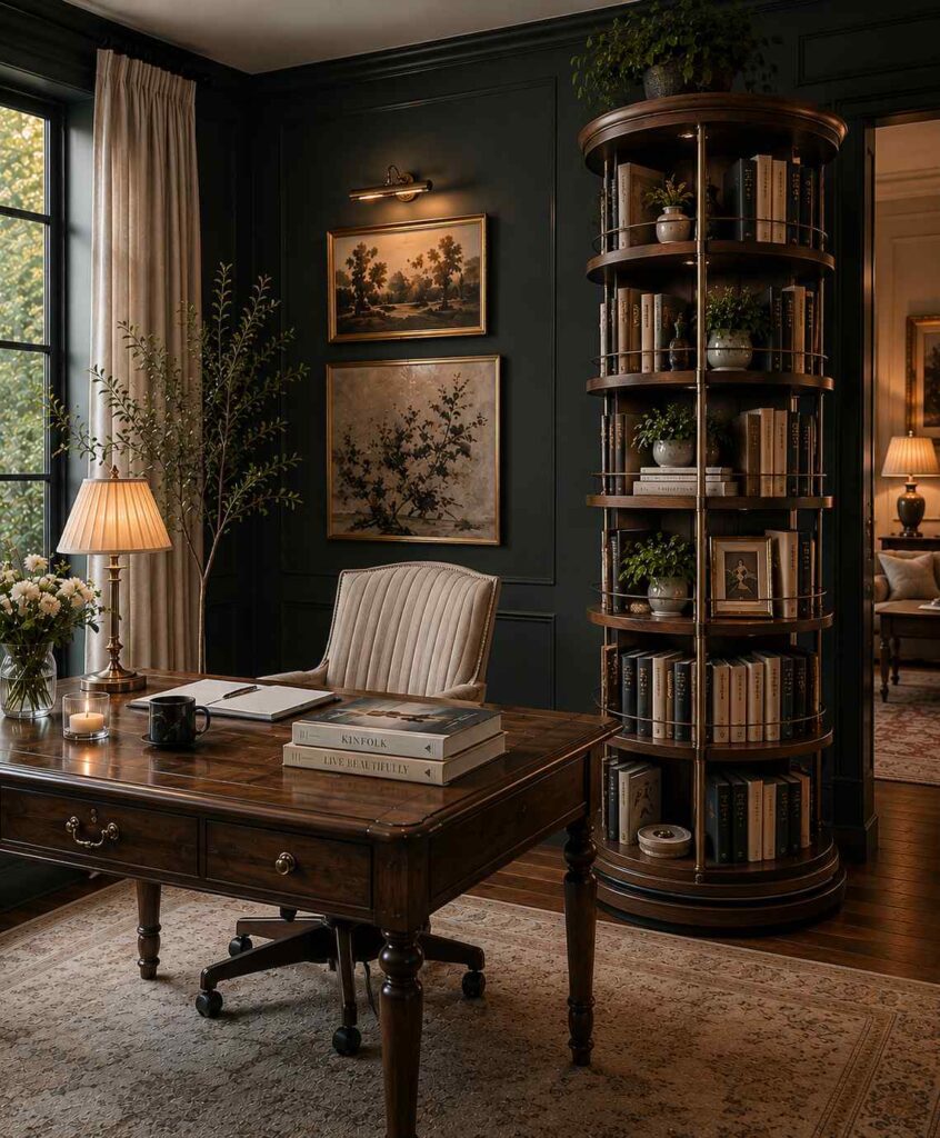 17 Beautiful Feminine Home Workspace Ideas for a Cozy & Productive Setup 5 Deep teal luxury feminine home office with built-in bookshelves, elegant desk, warm lighting, and sophisticated decor