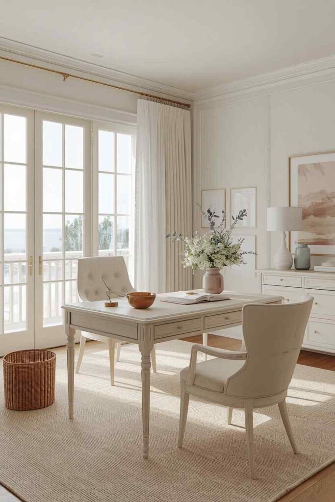 17 Beautiful Feminine Home Workspace Ideas for a Cozy & Productive Setup 3 Coastal feminine home office with soft neutral colors, airy workspace, elegant furniture, and calming decor