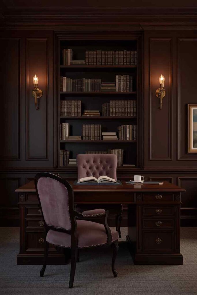 17 Beautiful Feminine Home Workspace Ideas for a Cozy & Productive Setup 16 Dark academia feminine home office with moody lighting, dark wood furniture, bookshelves, and cozy luxury style