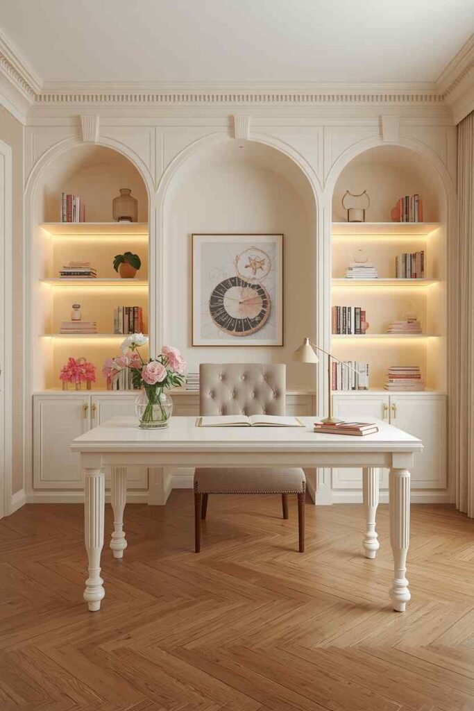 17 Beautiful Feminine Home Workspace Ideas for a Cozy & Productive Setup 8 Luxury feminine home office with arched built-in shelves, soft neutral decor, elegant workspace, and warm lighting