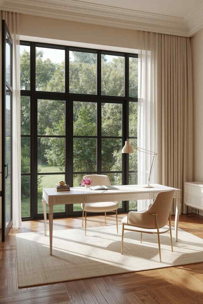 17 Beautiful Feminine Home Workspace Ideas for a Cozy & Productive Setup 4 Elegant feminine home office with large window garden view, cozy workspace, natural light, and soft neutral decor
