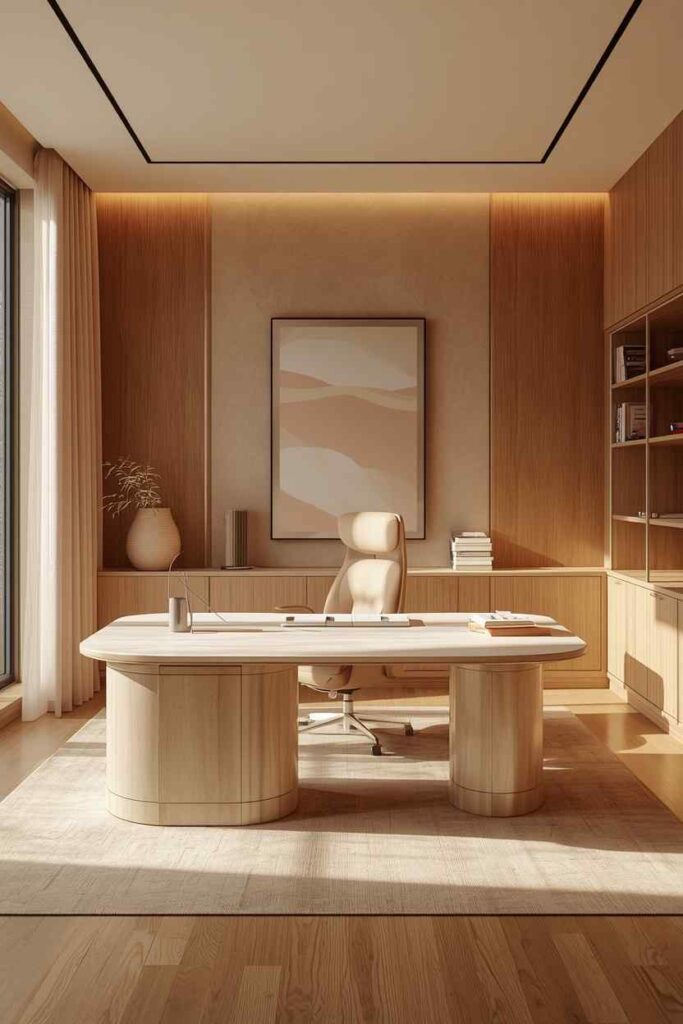17 Beautiful Feminine Home Workspace Ideas for a Cozy & Productive Setup 7 Organic modern feminine home office with warm neutral tones, minimalist decor, wood accents, and stylish workspace