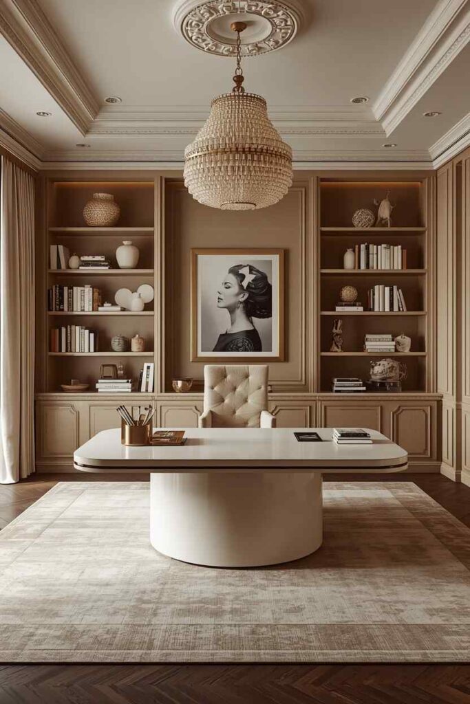 17 Beautiful Feminine Home Workspace Ideas for a Cozy & Productive Setup 9 High-end feminine executive home office with luxury desk, elegant shelving, warm lighting, and sophisticated decor
