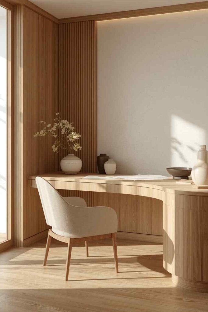 17 Beautiful Feminine Home Workspace Ideas for a Cozy & Productive Setup 6 Japandi feminine home office with minimalist decor, warm wood tones, clean workspace, and calming neutral palette