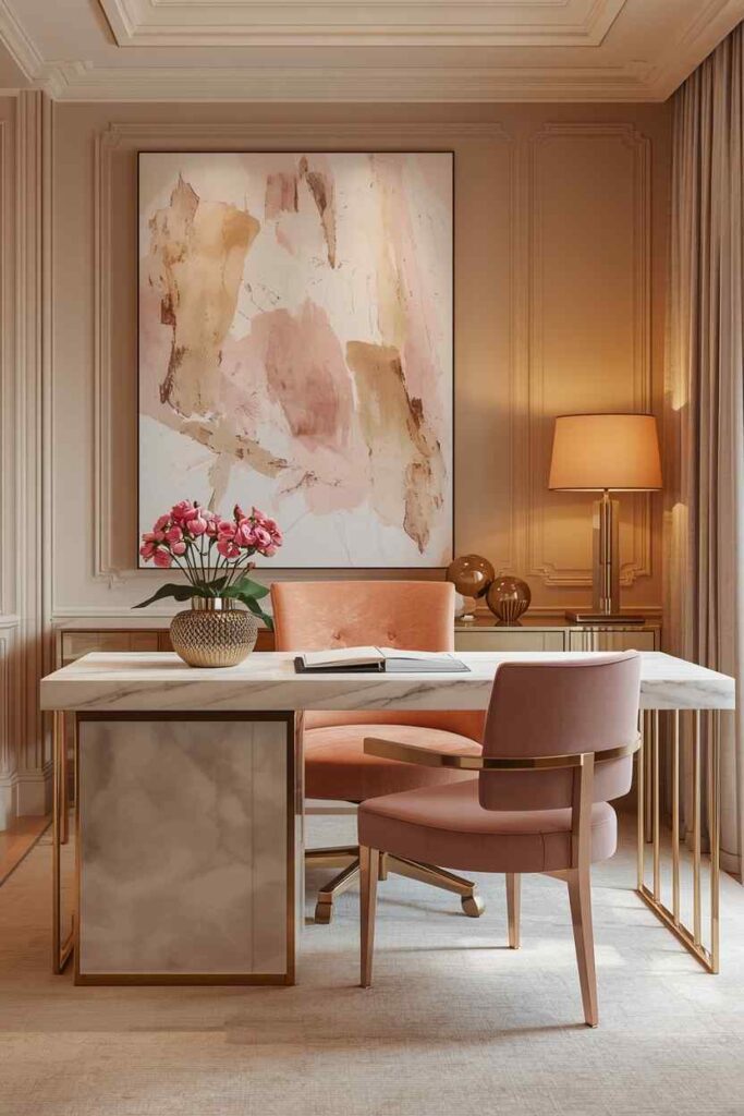 17 Beautiful Feminine Home Workspace Ideas for a Cozy & Productive Setup 13 Modern glam feminine home office with chic desk, elegant decor, warm lighting, and luxury workspace design