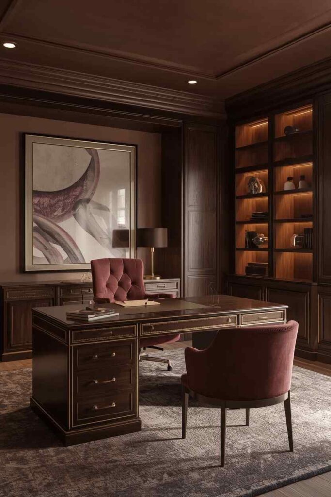 17 Beautiful Feminine Home Workspace Ideas for a Cozy & Productive Setup 12 Moody mauve luxury feminine home office with dark cozy tones, elegant workspace, and sophisticated decor styling
