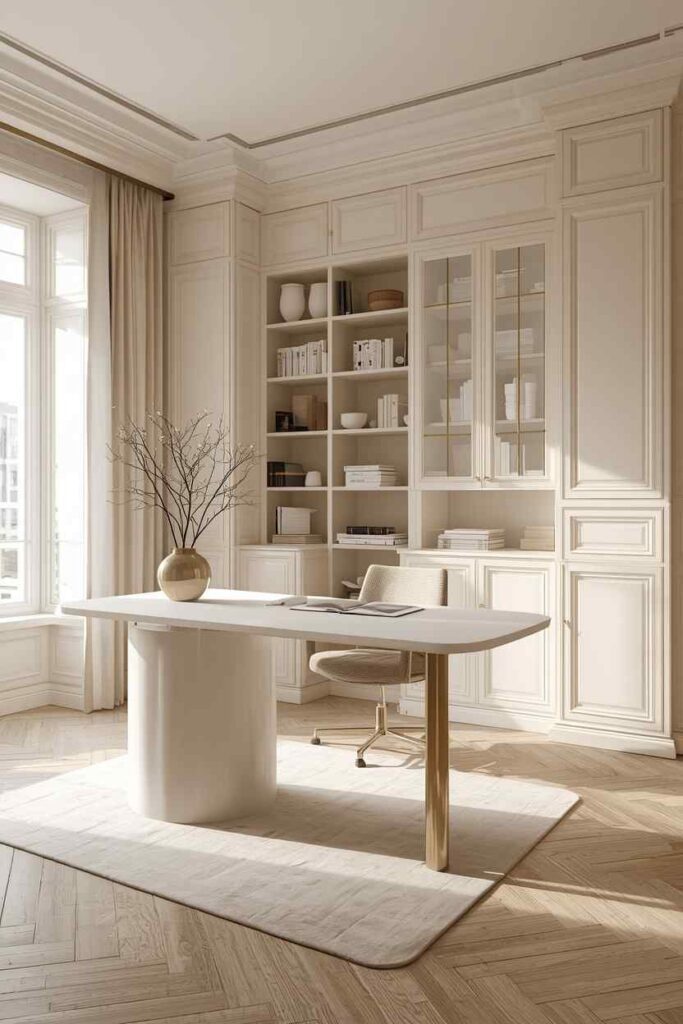 17 Beautiful Feminine Home Workspace Ideas for a Cozy & Productive Setup 10 Quiet luxury cream feminine home office with soft neutral decor, elegant desk, and cozy sophisticated workspace