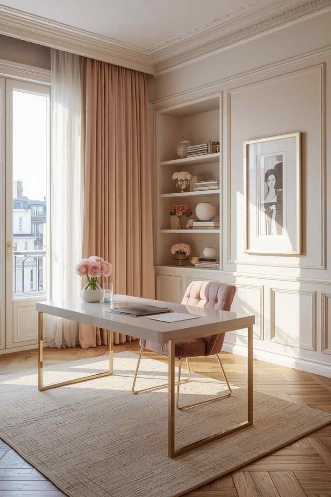 17 Beautiful Feminine Home Workspace Ideas for a Cozy & Productive Setup 17 Soft blush Parisian feminine home office with elegant decor, warm neutral tones, and luxury workspace styling