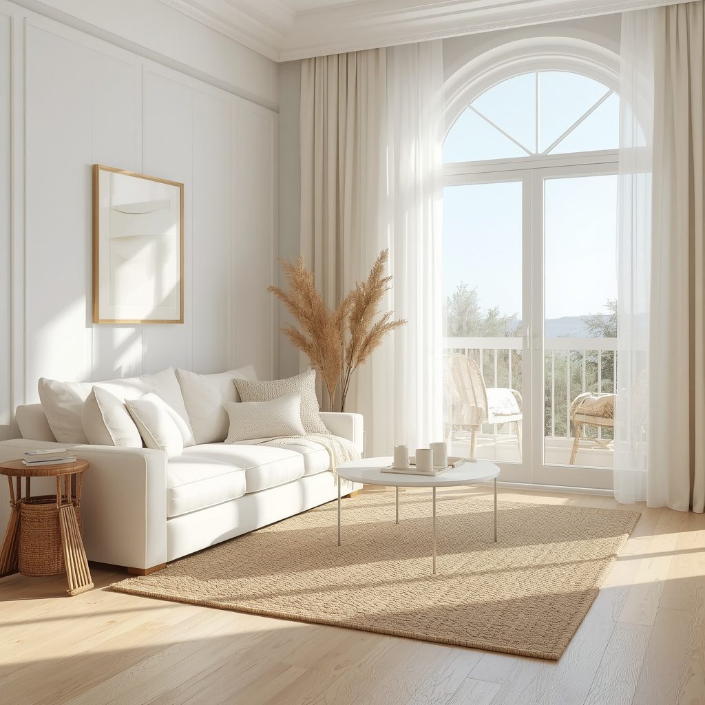Small coastal living room apartment with cream sofa, sheer curtains, light wood furniture, and airy neutral decor. 