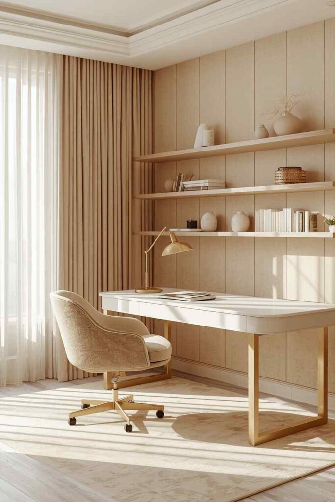 17 Beautiful Feminine Home Workspace Ideas for a Cozy & Productive Setup 11 Warm beige modern feminine home office with minimalist decor, cozy workspace, and soft luxury styling