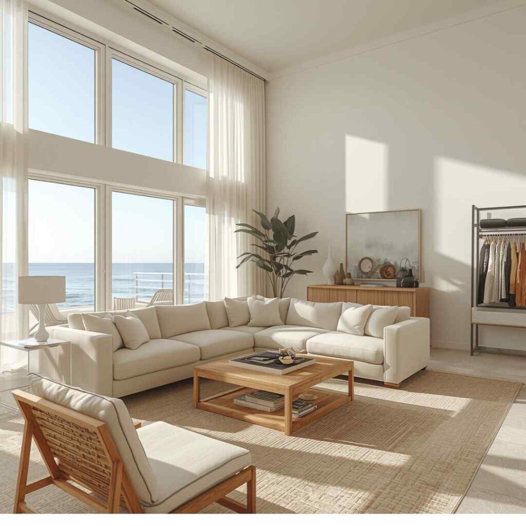 Airy open coastal living room with oversized windows, flowing curtains, and bright neutral apartment styling. 