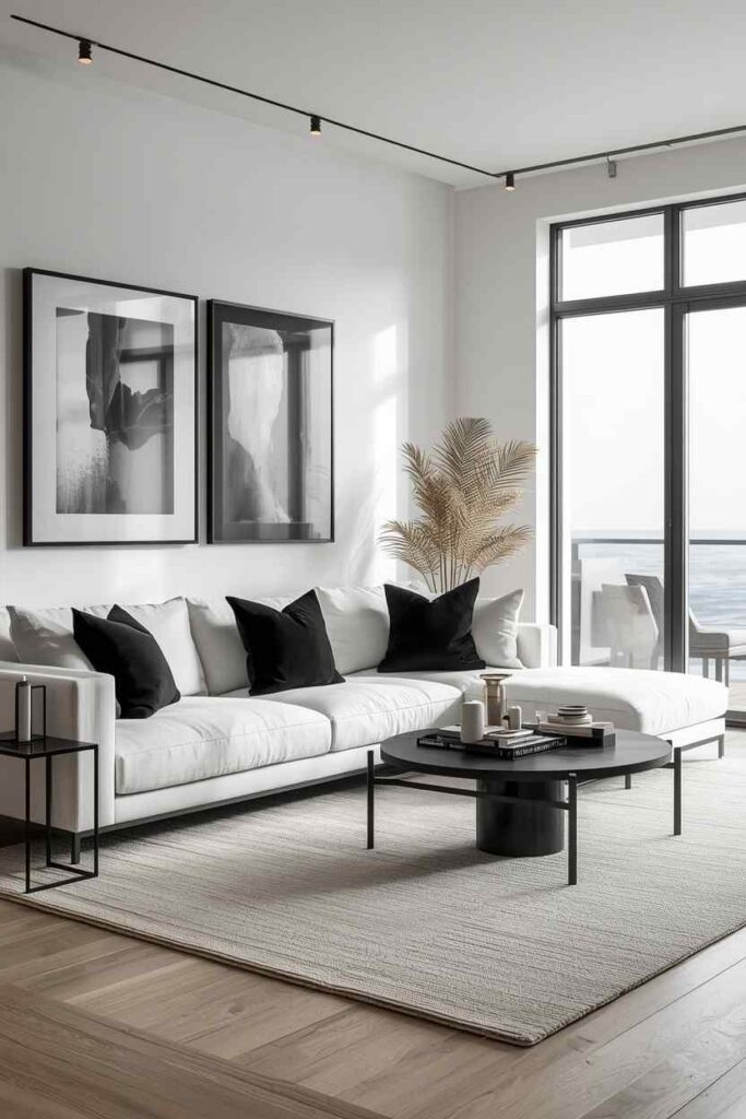 Black and white coastal living room with modern monochrome decor and elegant natural textures