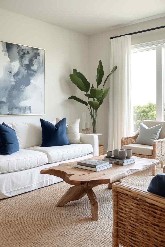 Blue and white coastal living room with slipcovered sofa, woven textures, and nautical apartment decor. 