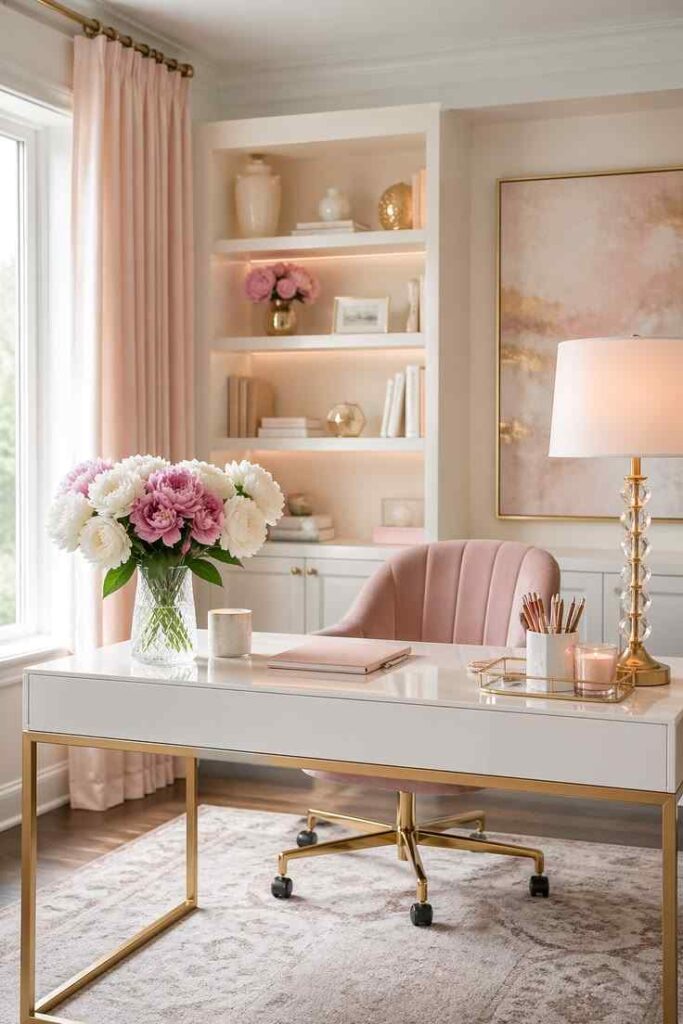 17 Beautiful Feminine Home Workspace Ideas for a Cozy & Productive Setup 1 Blush pink and white luxury feminine home office with elegant desk, soft decor, warm lighting, and glam accents