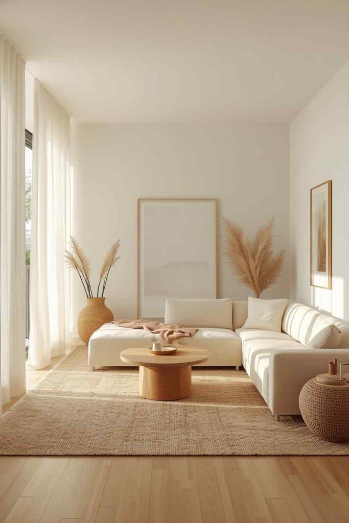 California coastal small apartment living room with bright natural sunlight, linen curtains, and soft neutral furniture. 