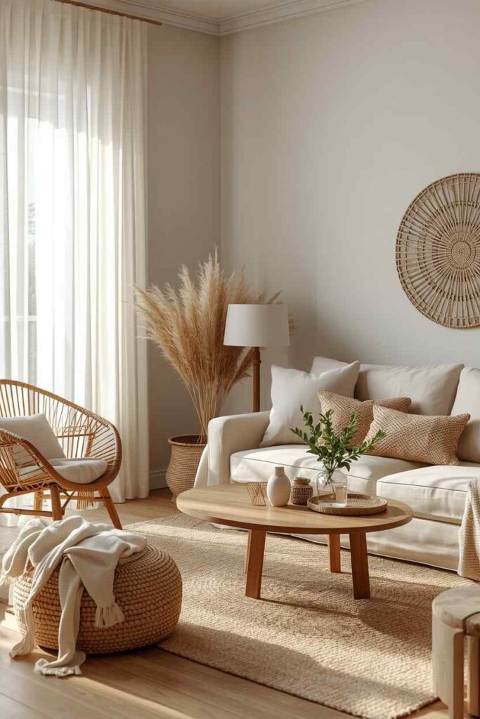 Cozy coastal boho apartment living room with rattan chair, pampas grass, and layered neutral textures. 