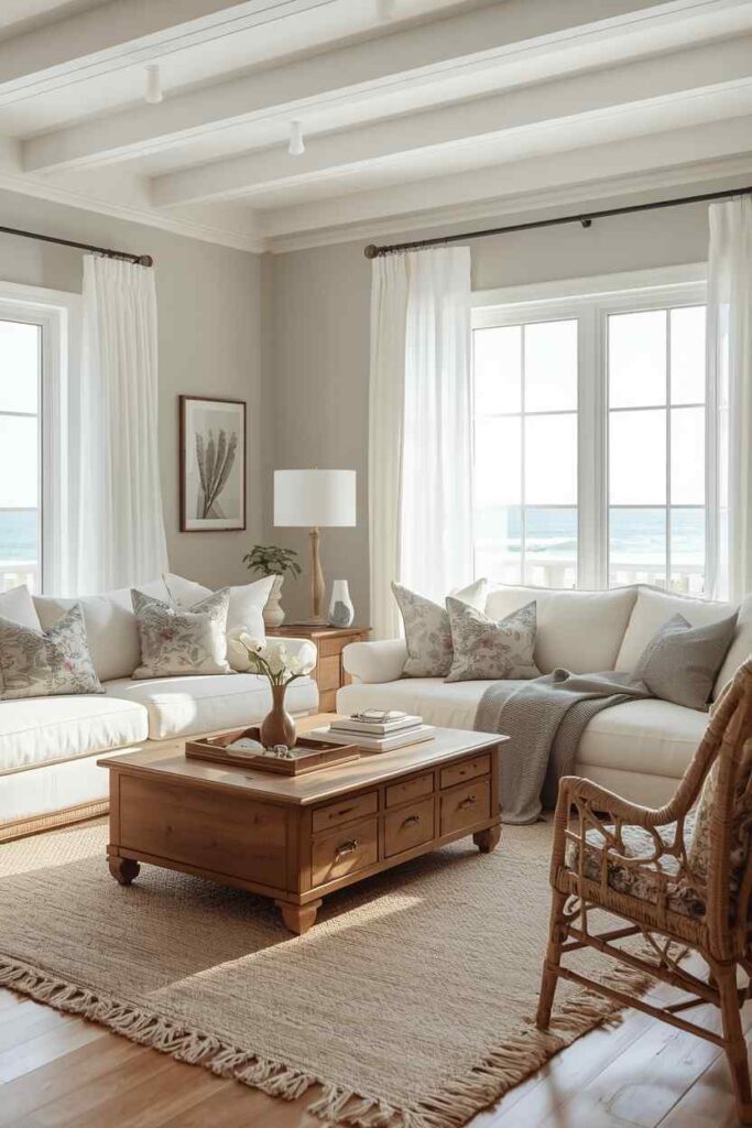 Coastal cottage apartment living room with vintage wood accents, soft neutral sofa, and cozy beach-house aesthetic